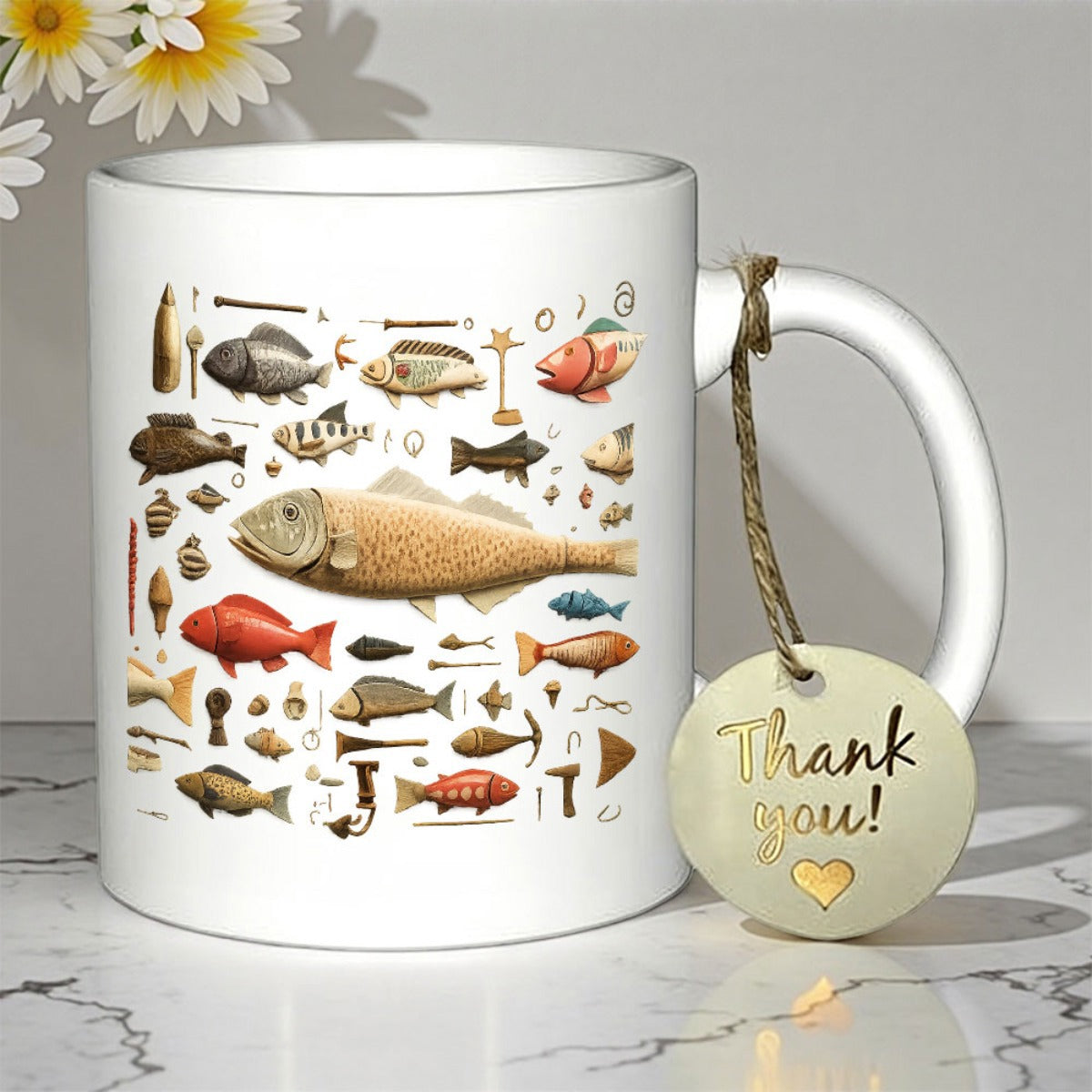 Tailorly White Ceramic 11 oz Mug - Thank You Detailed Vintage Illustration Featuring Diverse Varieties Of Small Aquatic Fish