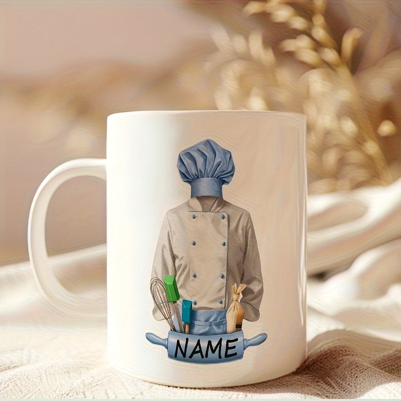 Tailorly White Ceramic 11 oz Mug - Name Professional Culinary Uniform With Blue Hat And Kitchen Rolling Pin Chef