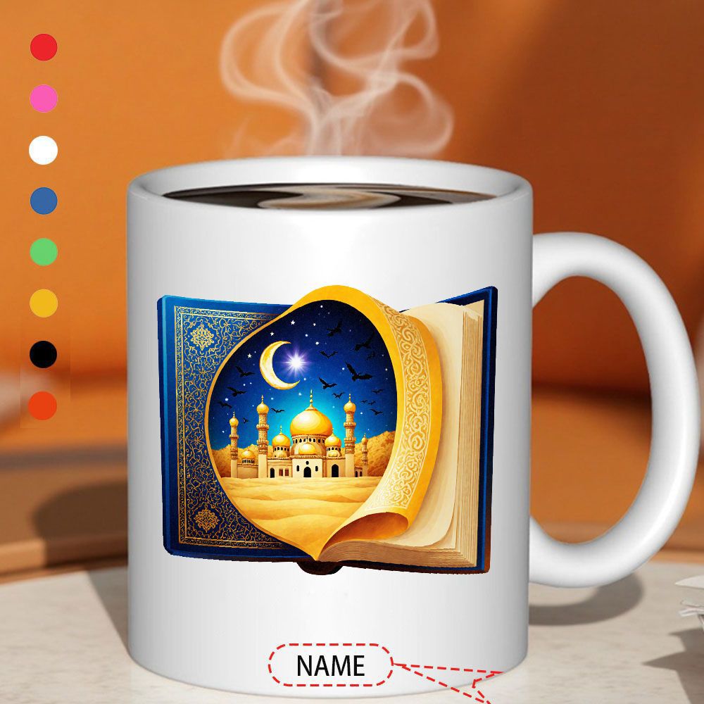 Tailorly White Ceramic 11 oz Mug - Name Radiant Golden Mosque Inside An Open Book Glowing Under Crescent Mosque