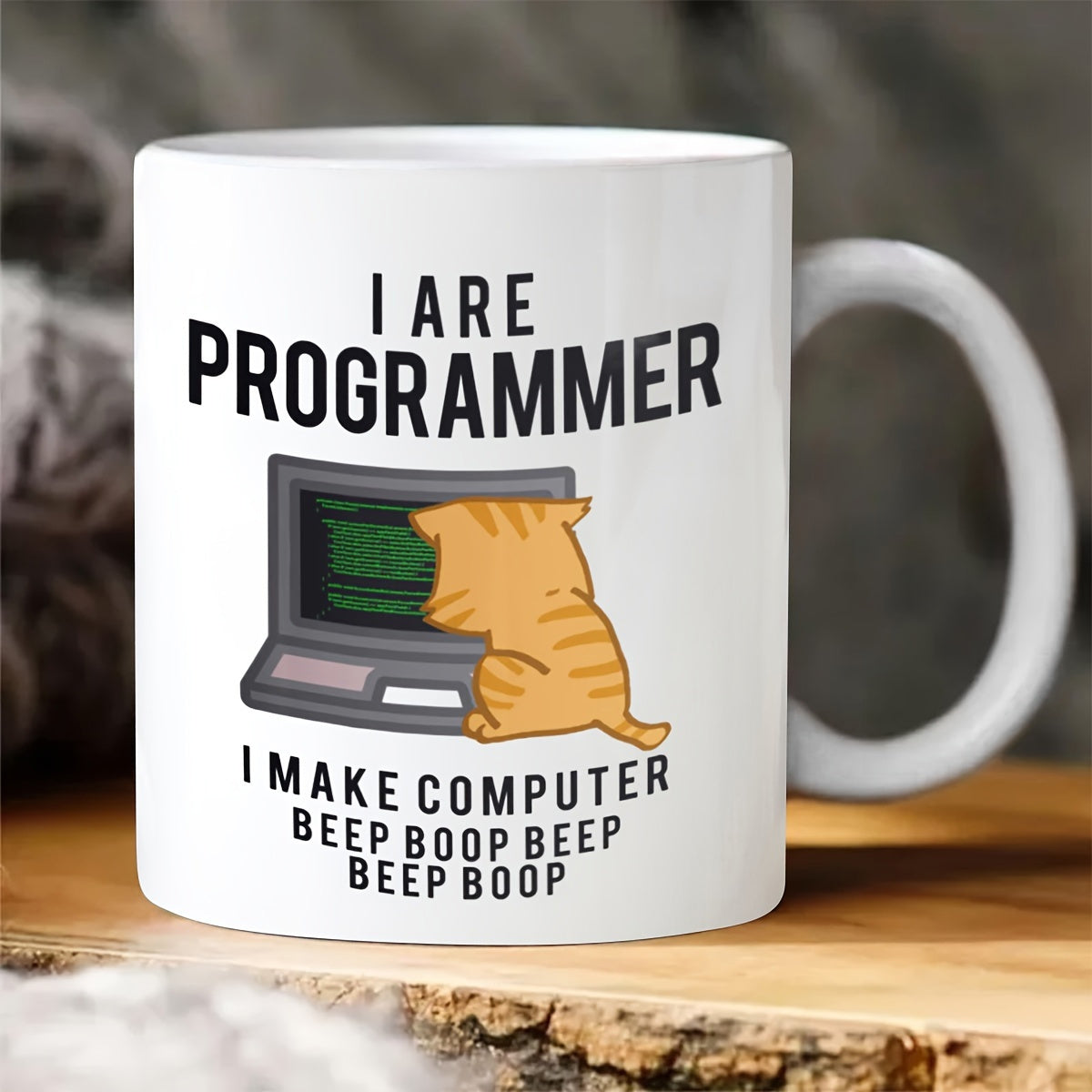 Tailorly White Ceramic 11 oz Mug - I Are Programmer I Make Computer Beep Boop Beep Beep Boop An Orange Tabby Cat Sitting Before A Retro Computer Terminal With Code