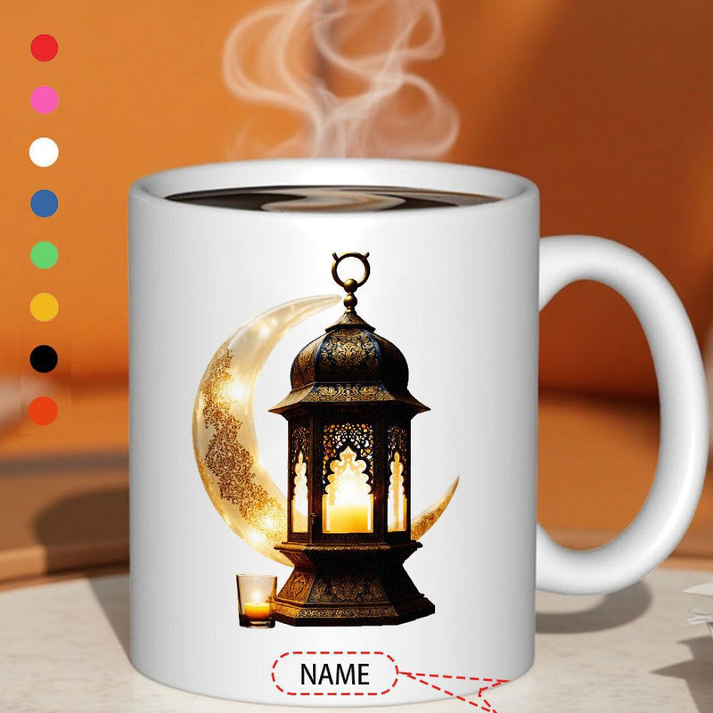 Tailorly White Ceramic 11 oz Mug - Name Intricate Golden Crescent Moon With Ornate Traditional Glowing Ramadan Lantern