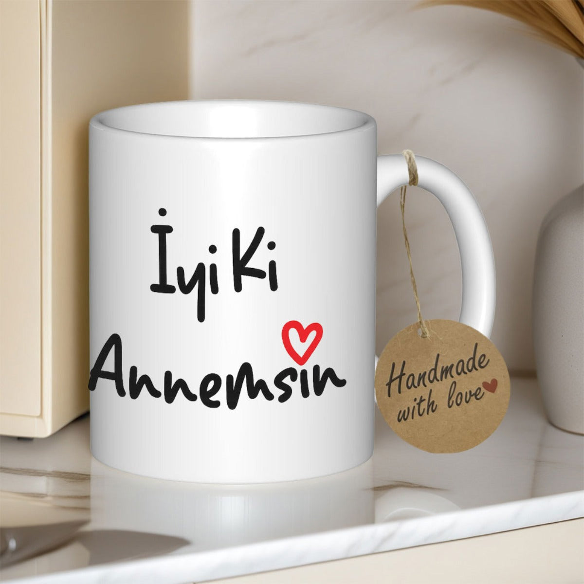 Tailorly White Ceramic 11 oz Mug - Handmade With Love Minimalist Red Hand Drawn Graphic On Clean Heart