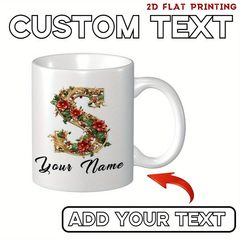 Tailorly White Ceramic 11 oz Mug - Custom Text Your Name Add Your Text Elegant Floral Alphabet Design Decorated With Beautiful Vibrant Red Blossoms Letter
