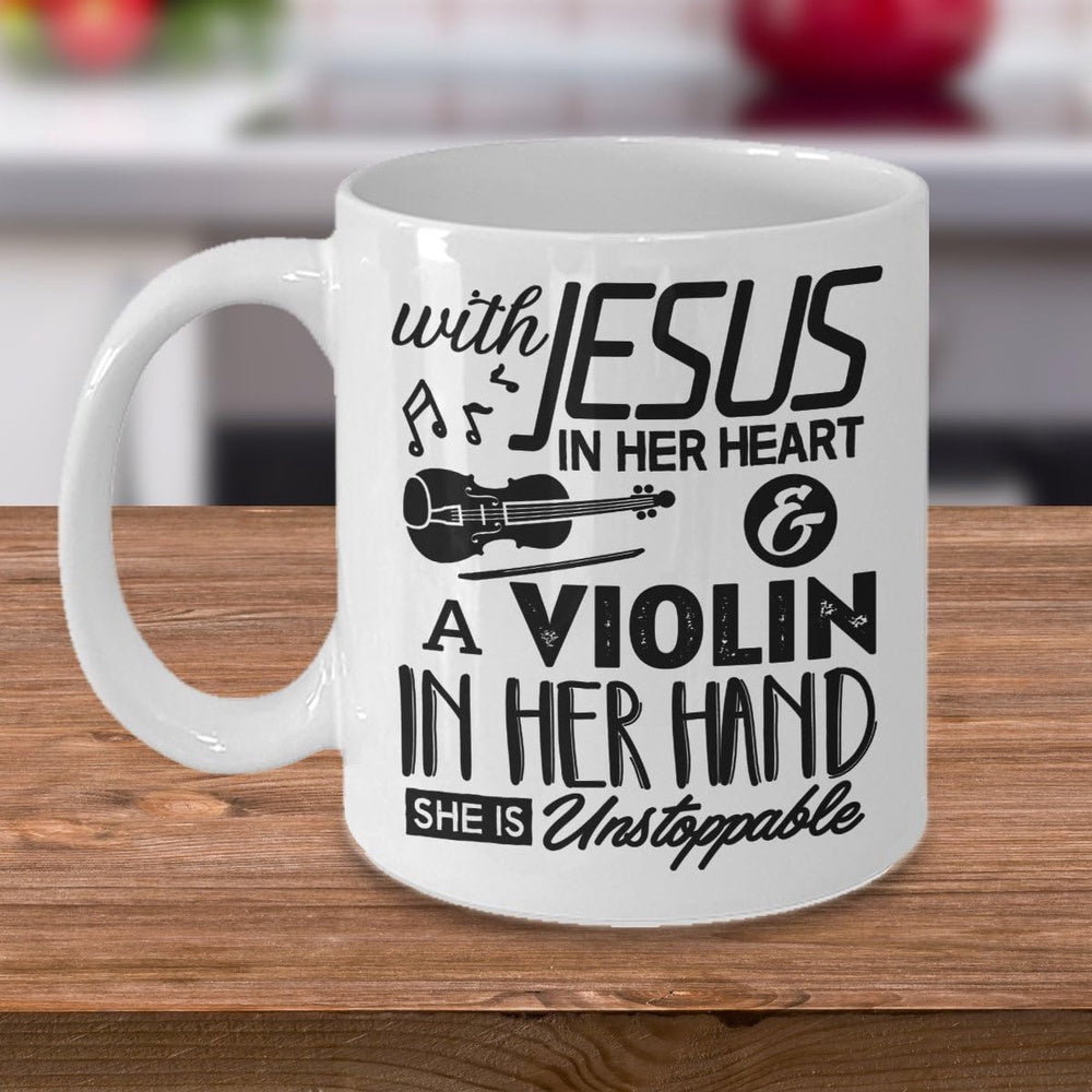 Tailorly White Ceramic 11 oz Mug - With Jesus In Her Heart And A Violin In Her Hand She Is Unstoppable Classical Musical Instrument Silhouette Surrounded By