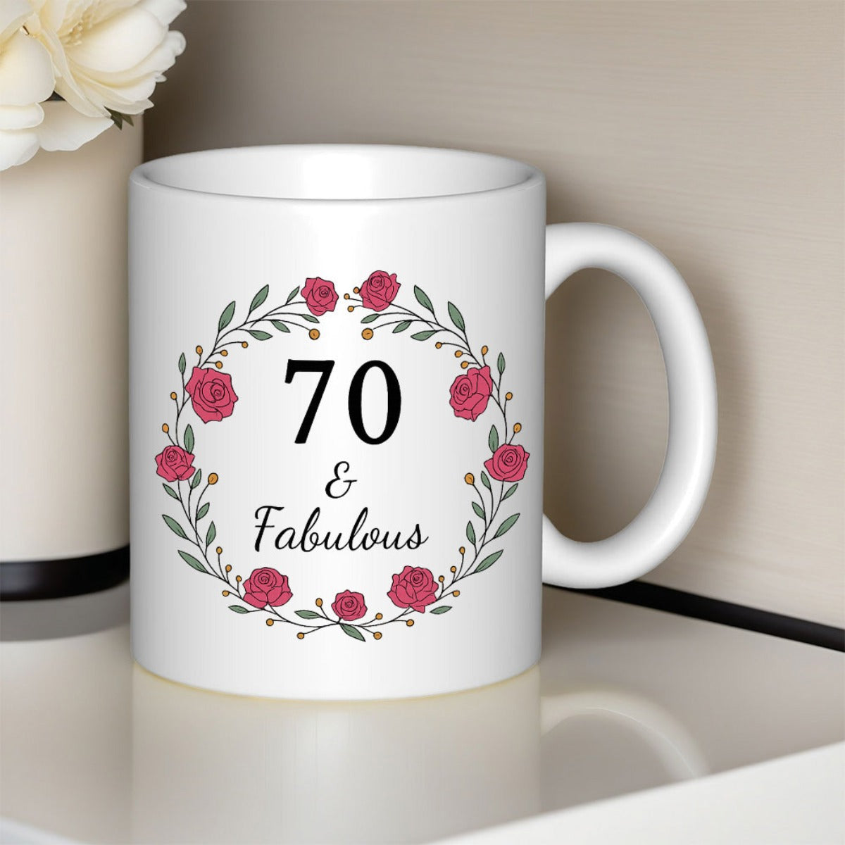 Tailorly White Ceramic 11 oz Mug - 70 And Fabulous Elegant Floral Circle With Blooming Red Roses And Leaves Wreath