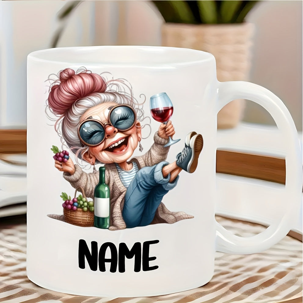 Tailorly White Ceramic 11 oz Mug - Name Joyful Elderly Lady With Pink Bun Wearing Sunglasses Holding Wine Glass Woman