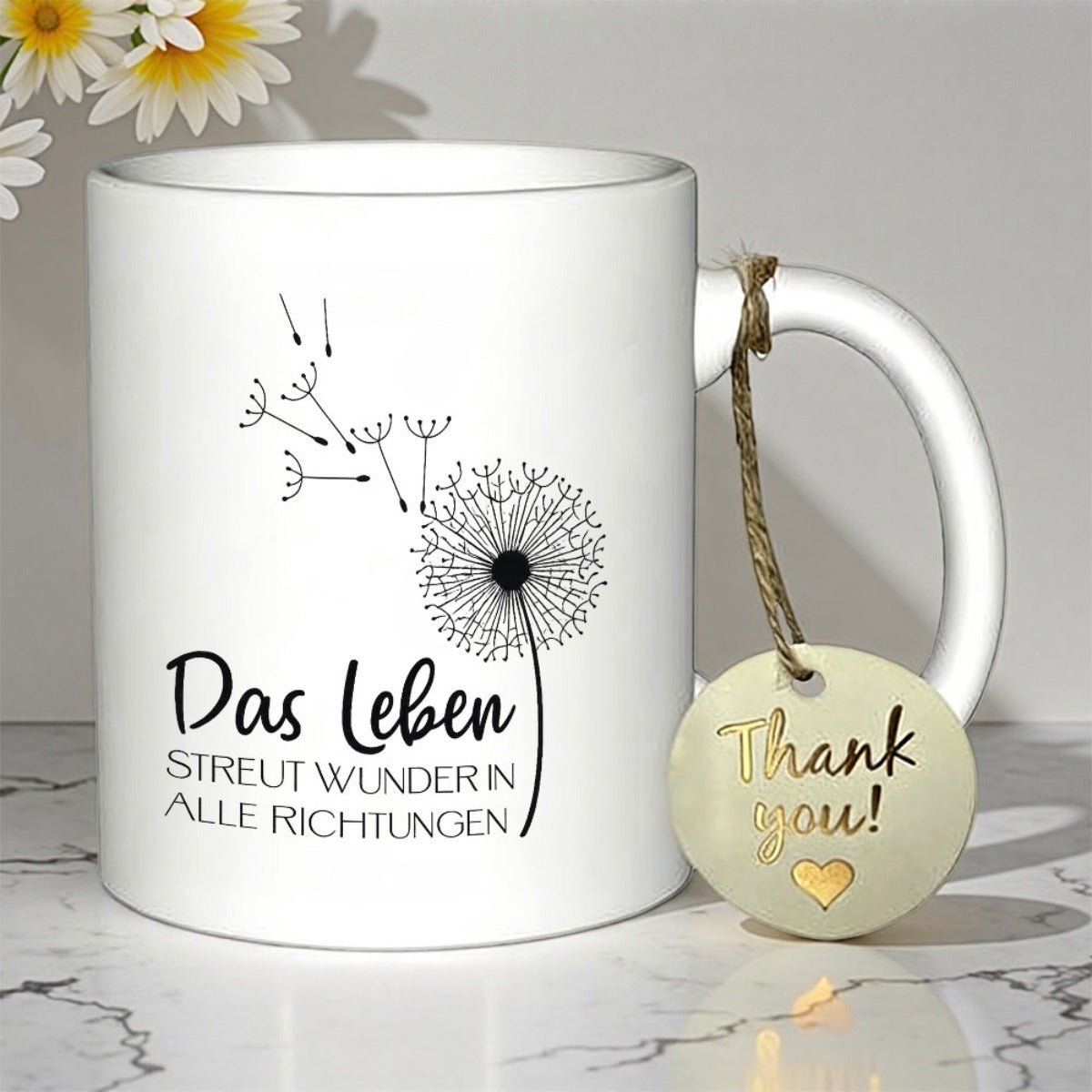 Tailorly White Ceramic 11 oz Mug - Thank You Blowing Seeds Floating In The Gentle Breeze From A Minimalist Black Line Art Dandelion
