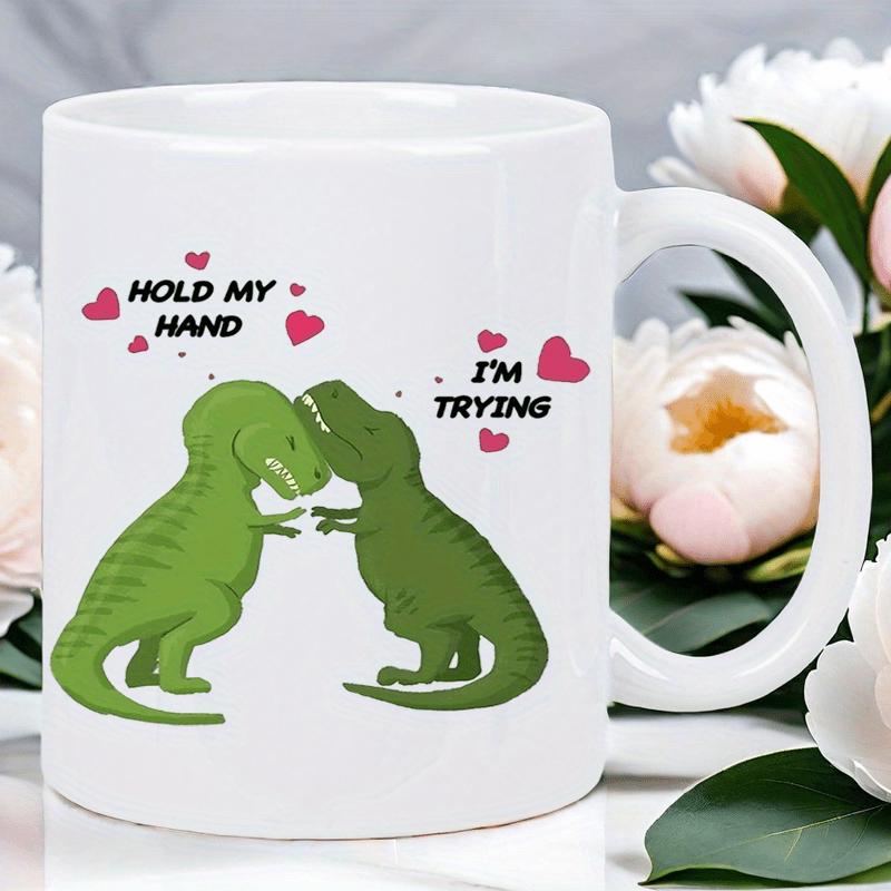 Tailorly White Ceramic 11 oz Mug - Hold My Hand Im Trying Playful Green Dinosaurs Attempting To Reach Tiny Hands Among Hearts Dinosaur