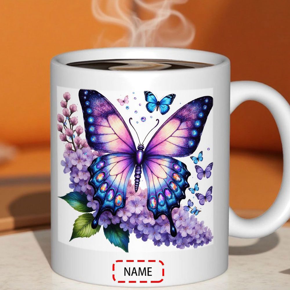 Tailorly White Ceramic 11 oz Mug - Name Vibrant Purple Wings With Blue Accents Among Soft Lilac Flowers And Tiny Butterflies Butterfly