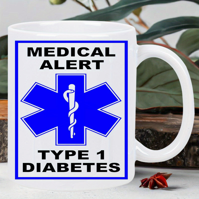Tailorly White Ceramic 11 oz Mug - Medical Alert Type 1 Diabetes Bold Blue Six Pointed Star Featuring White Medical Staff And Snake Mug