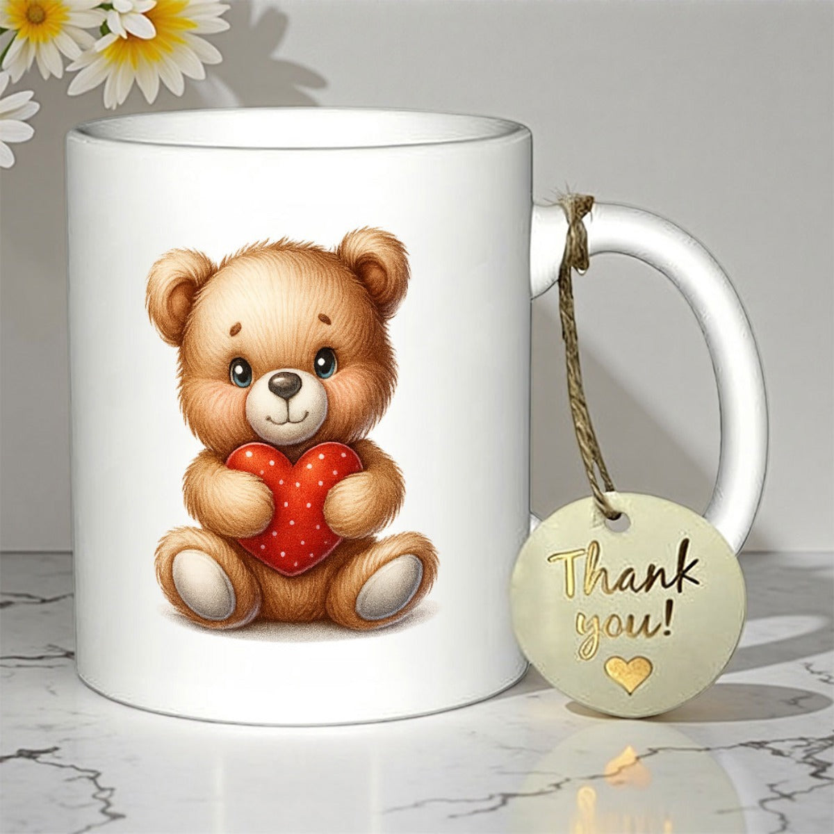 Tailorly White Ceramic 11 oz Mug - Thank You Adorable Fluffy Brown Teddy Bear Holding A Red Polka Dot Heart Bear