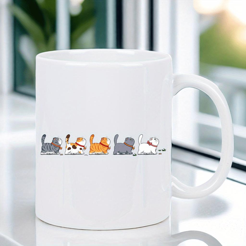Tailorly White Ceramic 11 oz Mug - Five Different Colored Cartoon Cats Walking In A Single Horizontal Line Cat