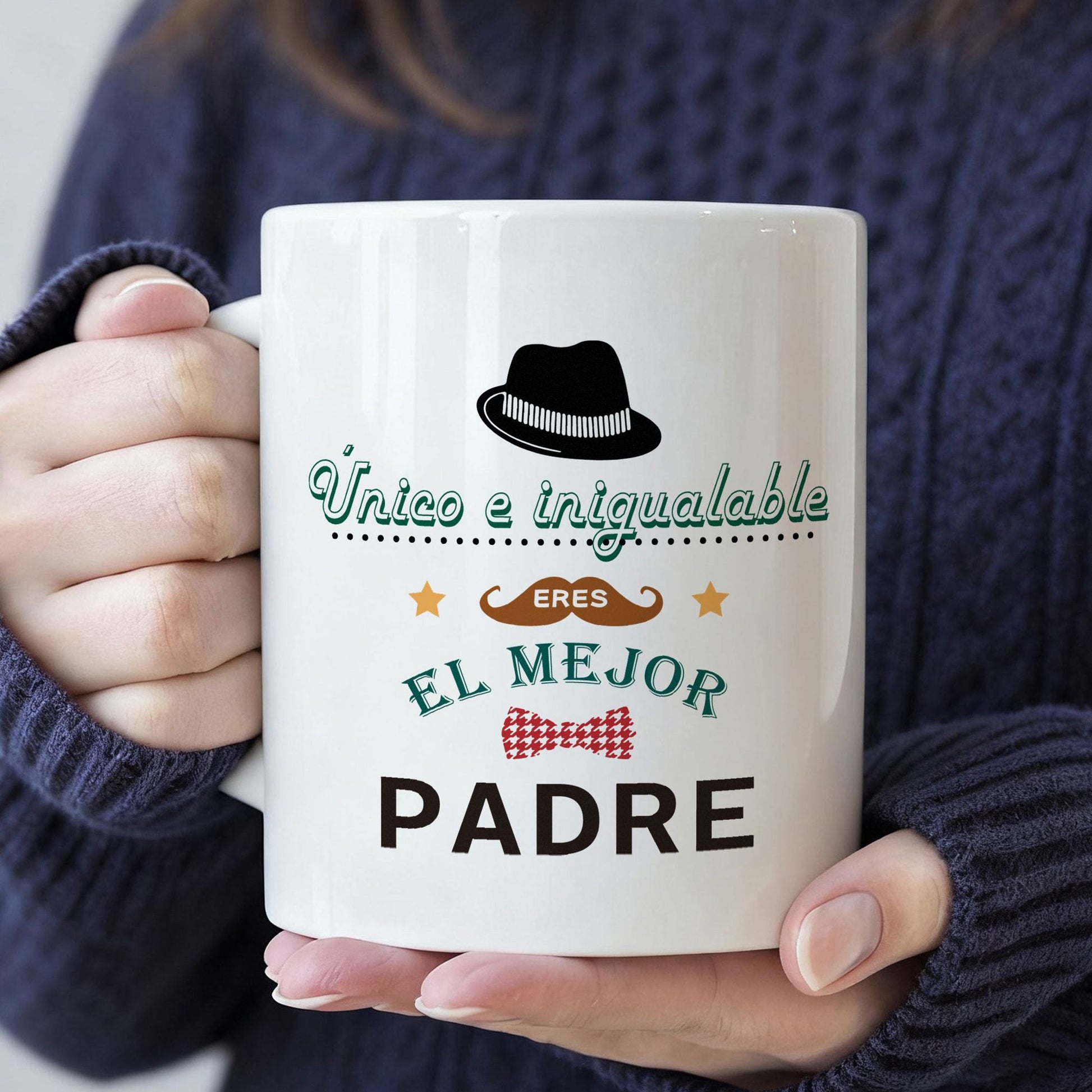 Tailorly White Ceramic 11 oz Mug - Stylish Black Fedora With Brown Mustache And Red Checkered Bow Tie Gentleman