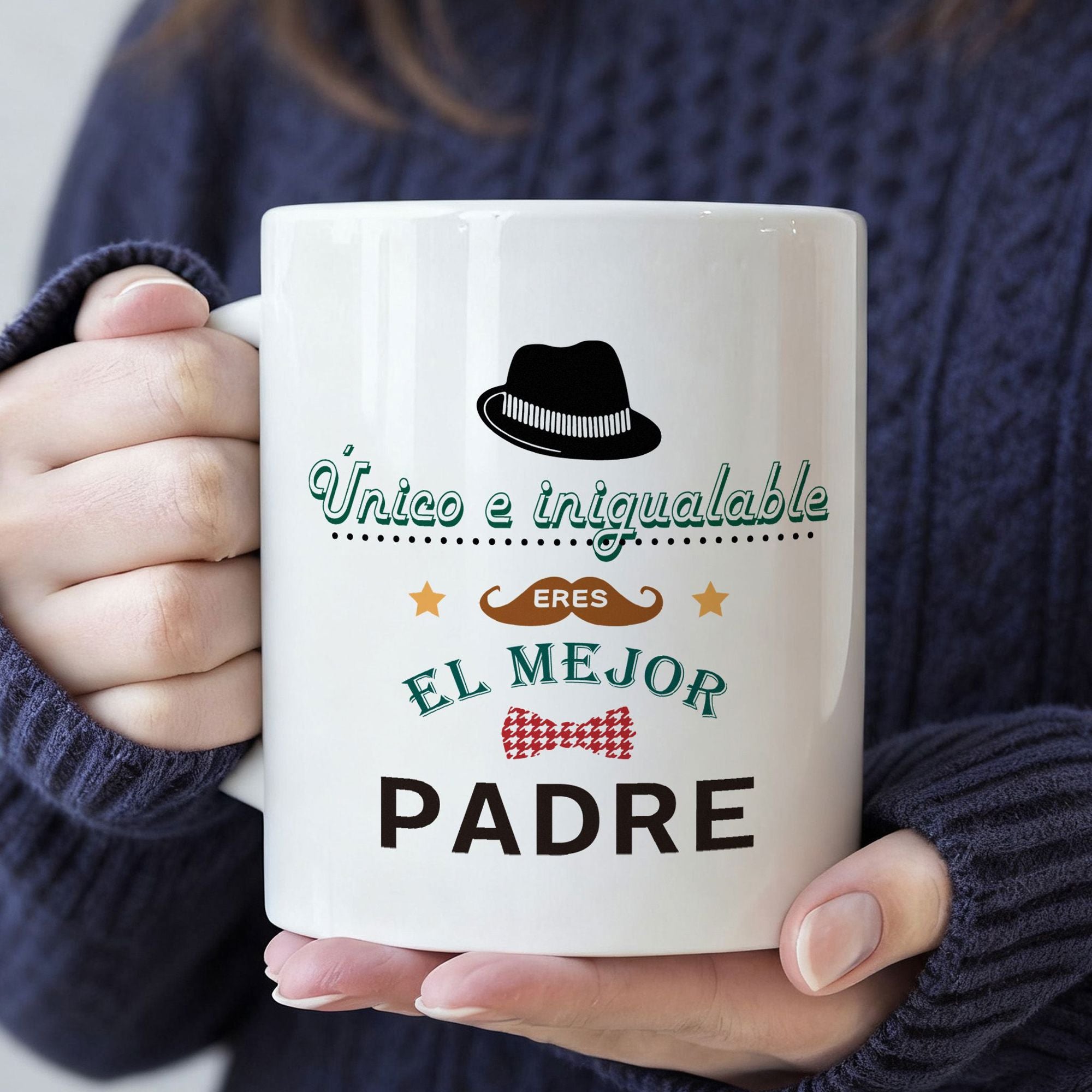 Tailorly White Ceramic 11 oz Mug - Stylish Black Fedora With Brown Mustache And Red Checkered Bow Tie Gentleman