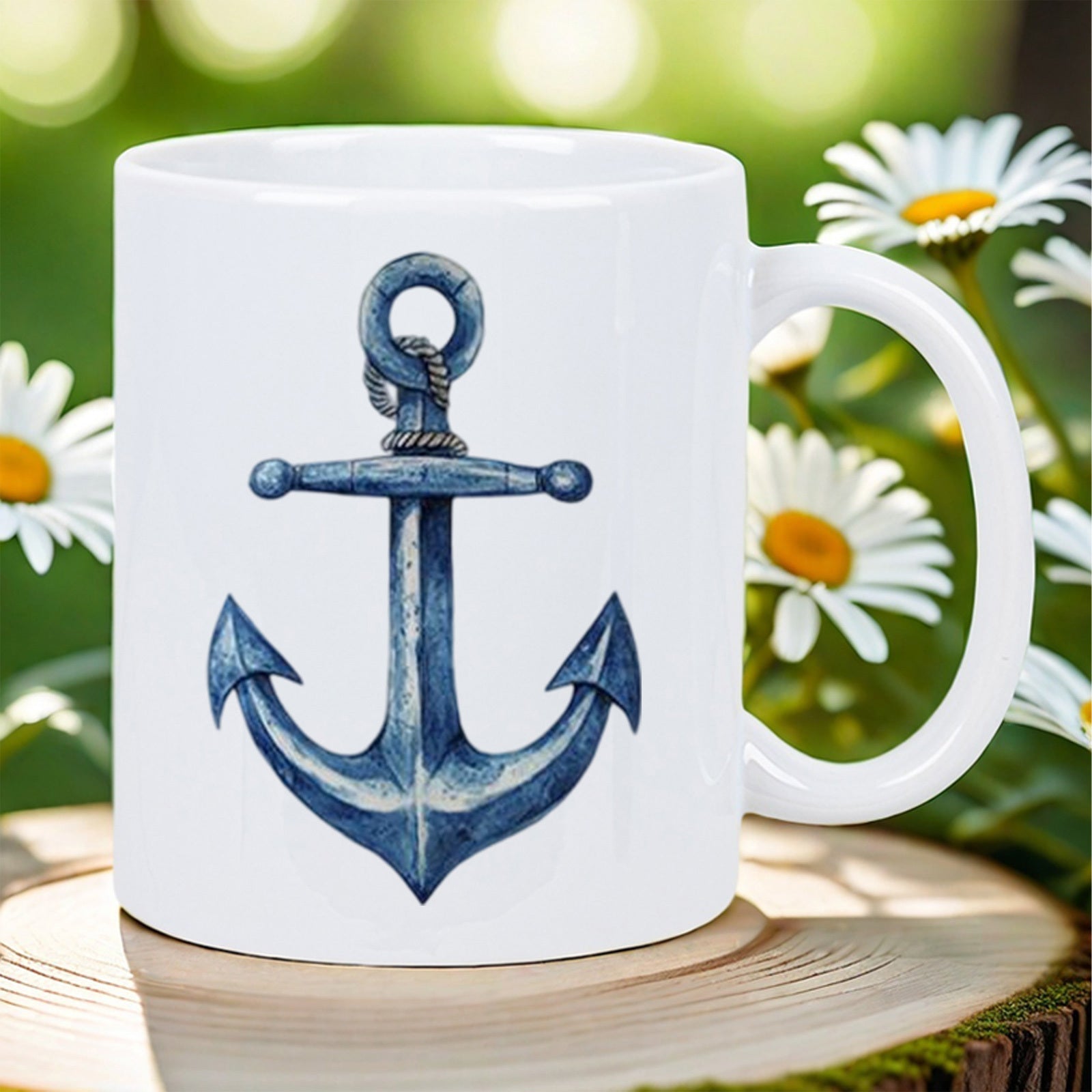 Tailorly White Ceramic 11 oz Mug - Vintage Blue Nautical Ship Symbol With Weathered Textures And Rustic Charm Anchor