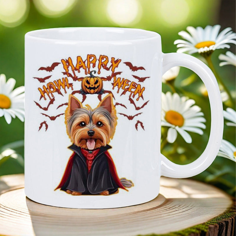 Tailorly White Ceramic 11 oz Mug - Happy Halloween Adorable Yorkshire Terrier Wearing A Vampire Cape Surrounded By Flying Bats Yorkshire Terrier