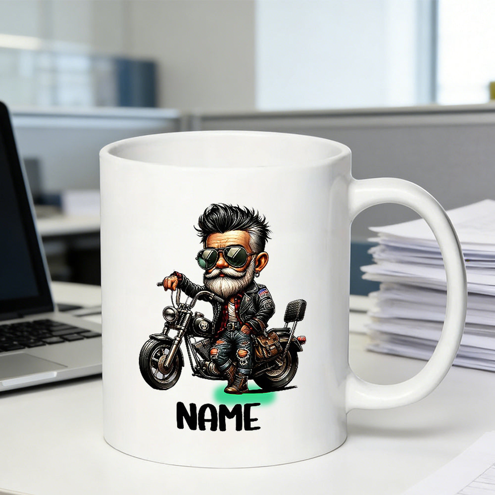 Tailorly White Ceramic 11 oz Mug - Name Cool Cartoon Character Sitting On A Classic Vintage Black Cruiser Biker