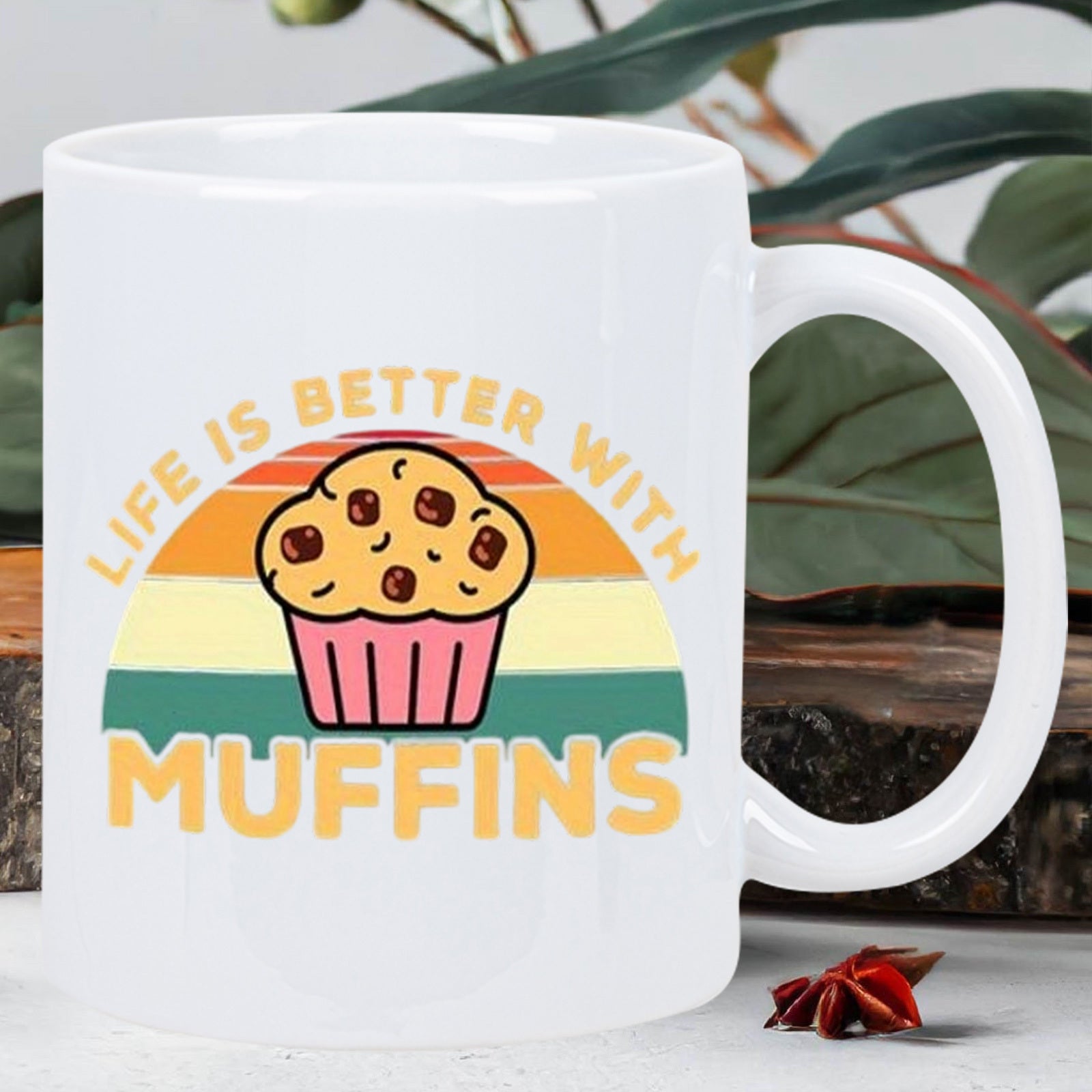 Tailorly White Ceramic 11 oz Mug - Life Is Better With Muffins Retro Styled Colorful Stripes Behind A Delicious Chocolate Chip Muffin