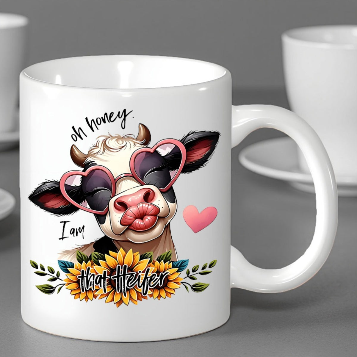 Tailorly White Ceramic 11 oz Mug - Oh Honey I Am That Heifer Wearing Heart Shaped Sunglasses Among Blooming Golden Yellow Sunflowers Cow