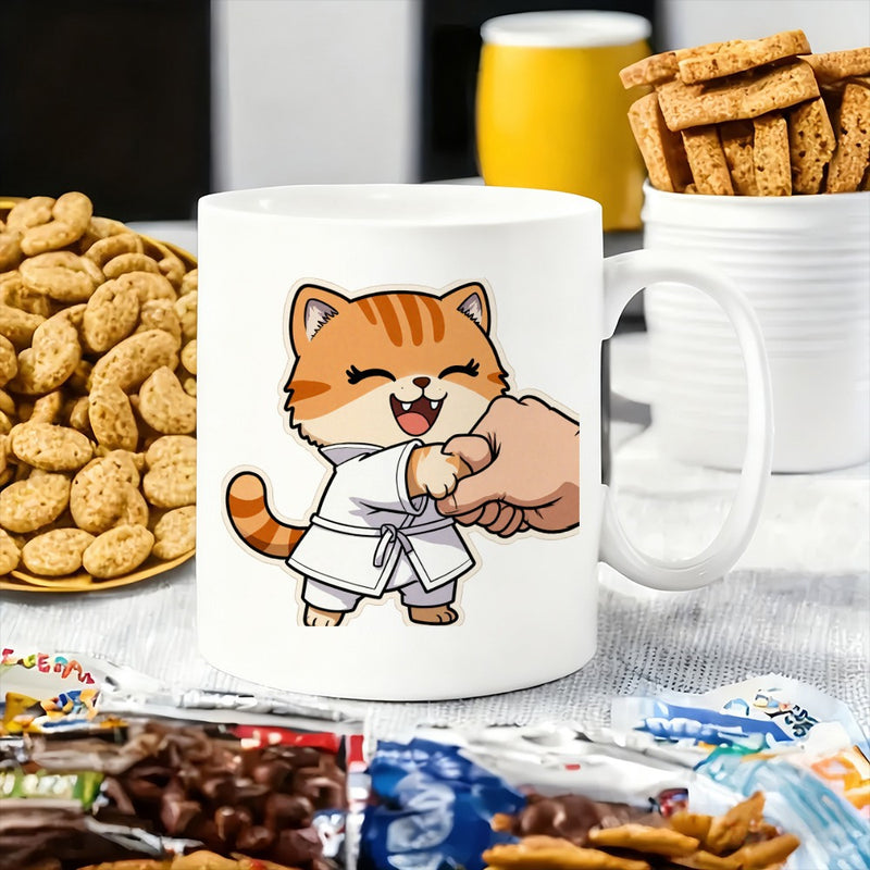 Tailorly White Ceramic 11 oz Mug - Adorable Smiling Ginger In White Karate Uniform Fist Bumping Human Cat