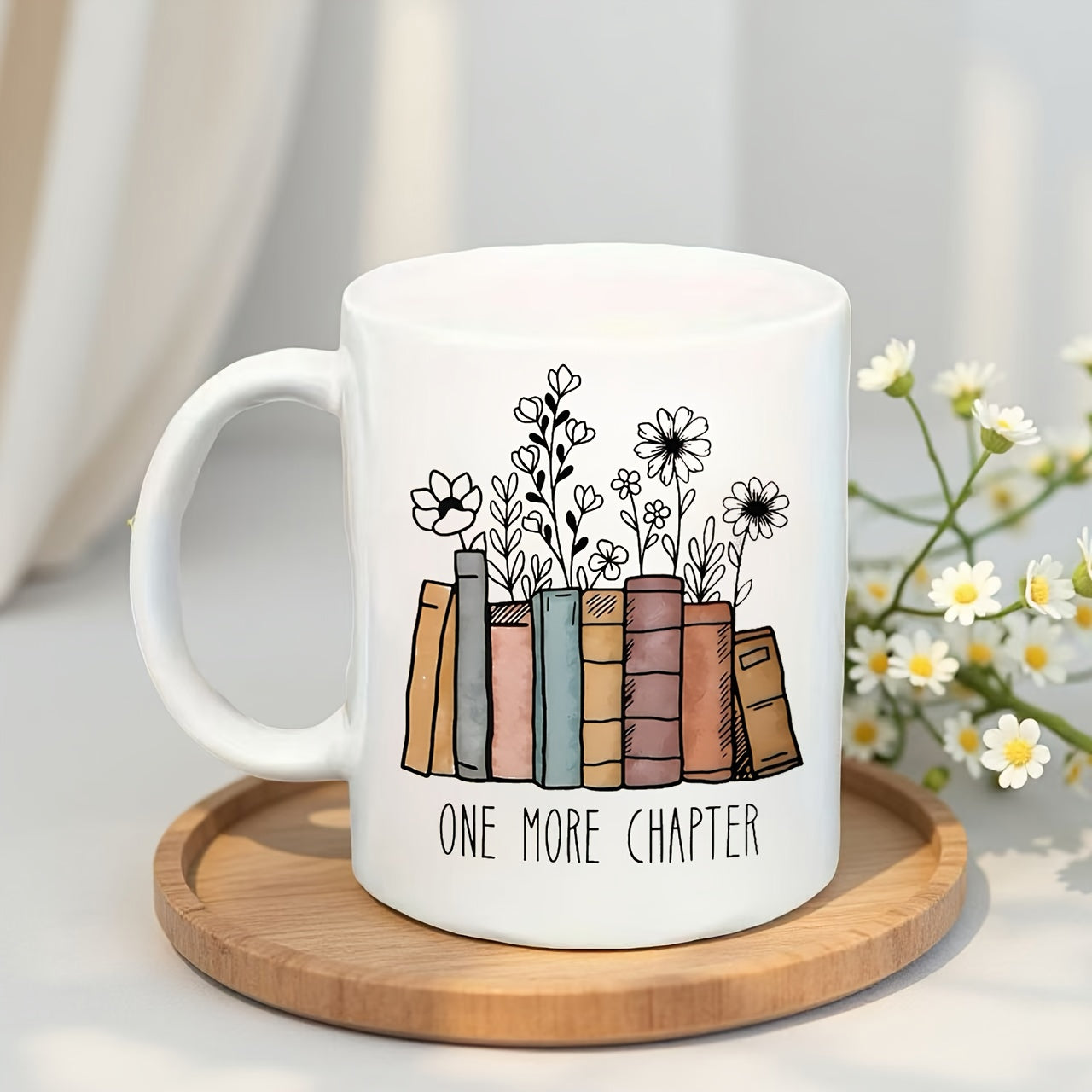 Tailorly White Ceramic 11 oz Mug - One More Chapter Hand Drawn Vintage Books With Delicate Wildflowers Blooming From Spines Bookstack