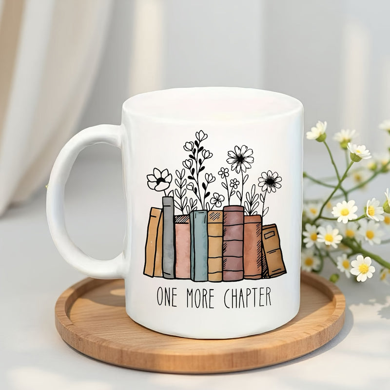 Tailorly White Ceramic 11 oz Mug - One More Chapter Hand Drawn Vintage Books With Delicate Wildflowers Blooming From Spines Bookstack