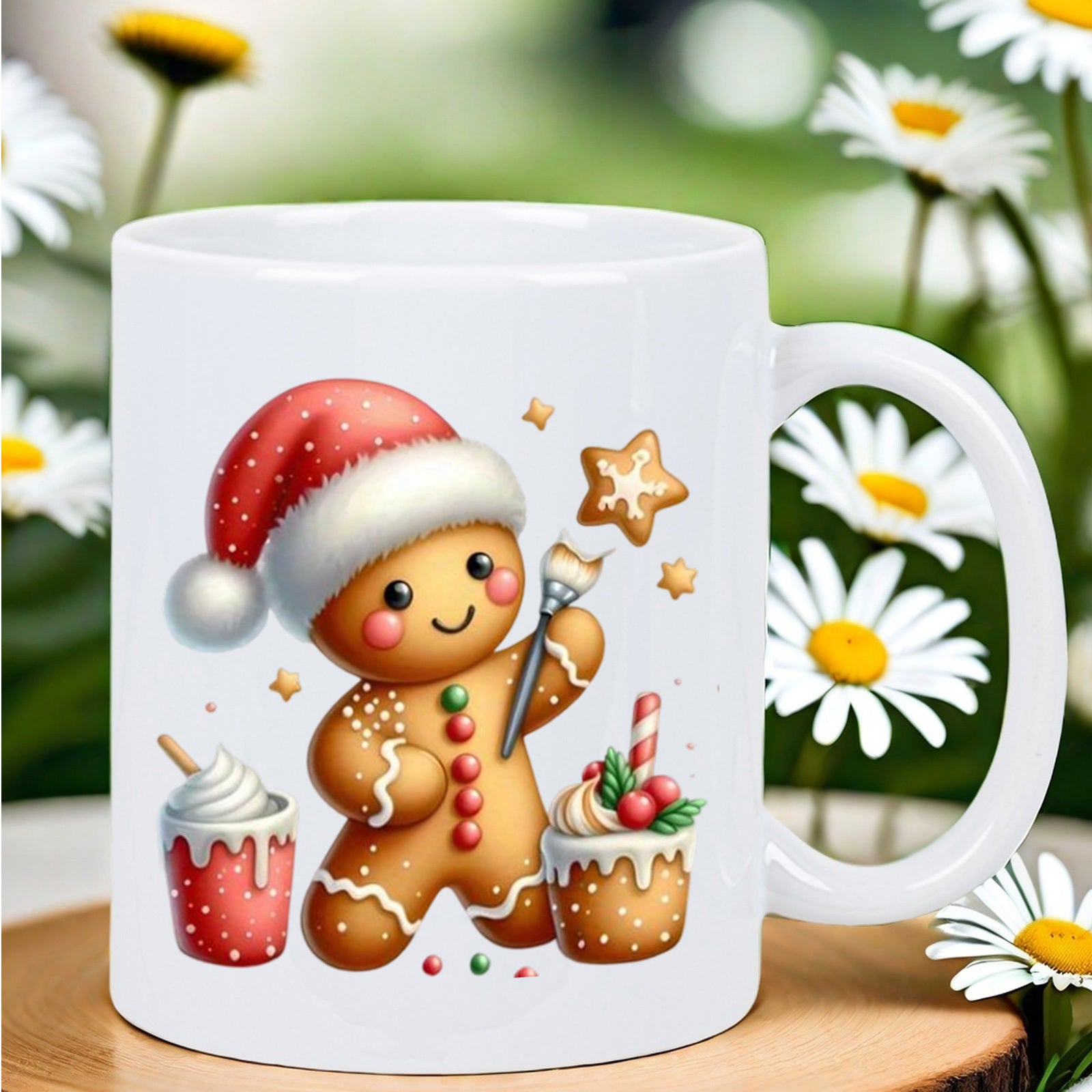 Tailorly White Ceramic 11 oz Mug - Festive Smiling Holiday Figure Wearing Red Santa Hat Among Christmas Cocoa Treats Gingerbread Man