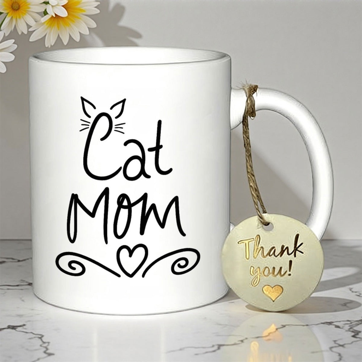 Tailorly White Ceramic 11 oz Mug - Cat Mom Minimalist Black Line Art With Stylized Cat Ears And Heart Cat