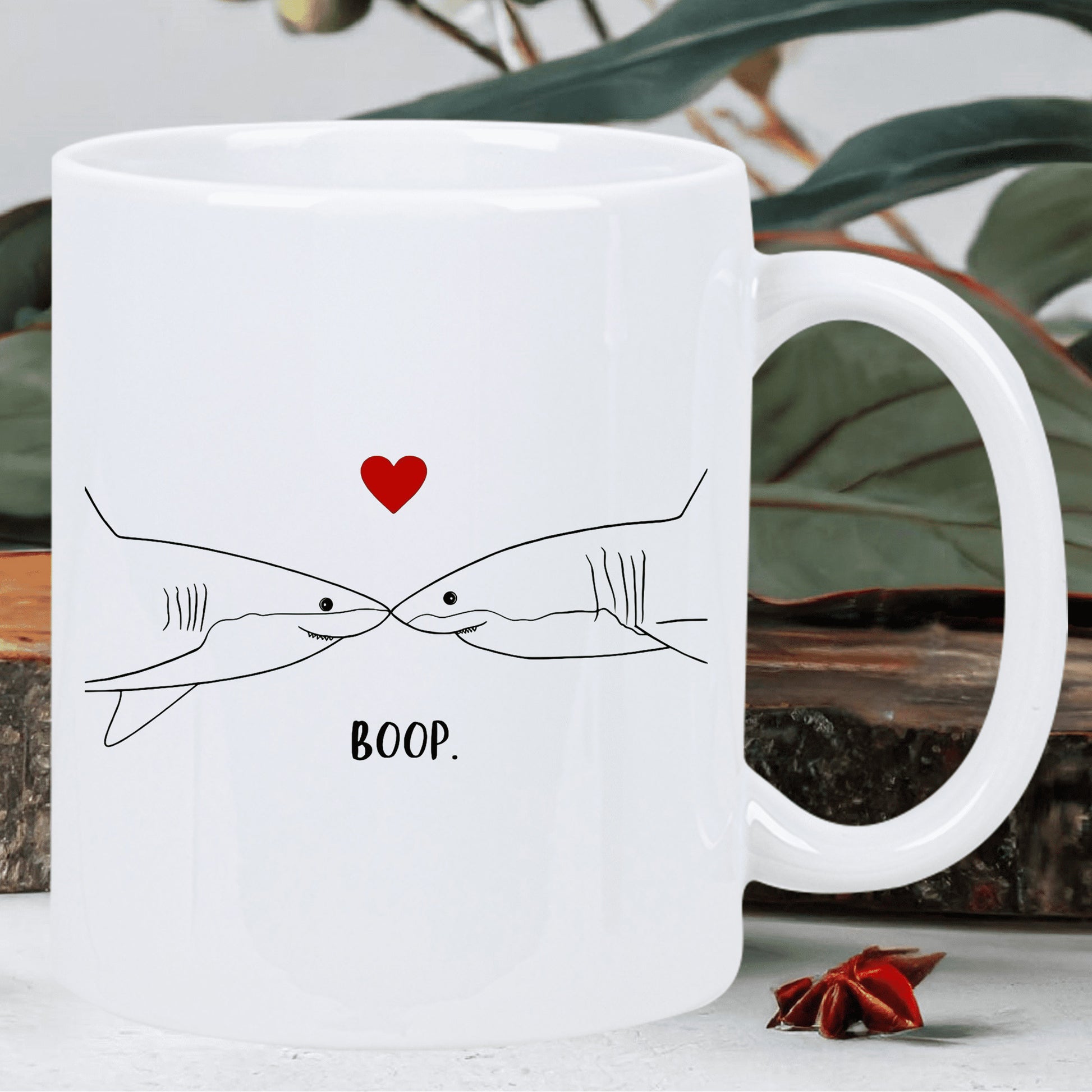 Tailorly White Ceramic 11 oz Mug - Boop Minimalist Line Drawing Of Two Kissing Sharks Under Small Red Heart Shark