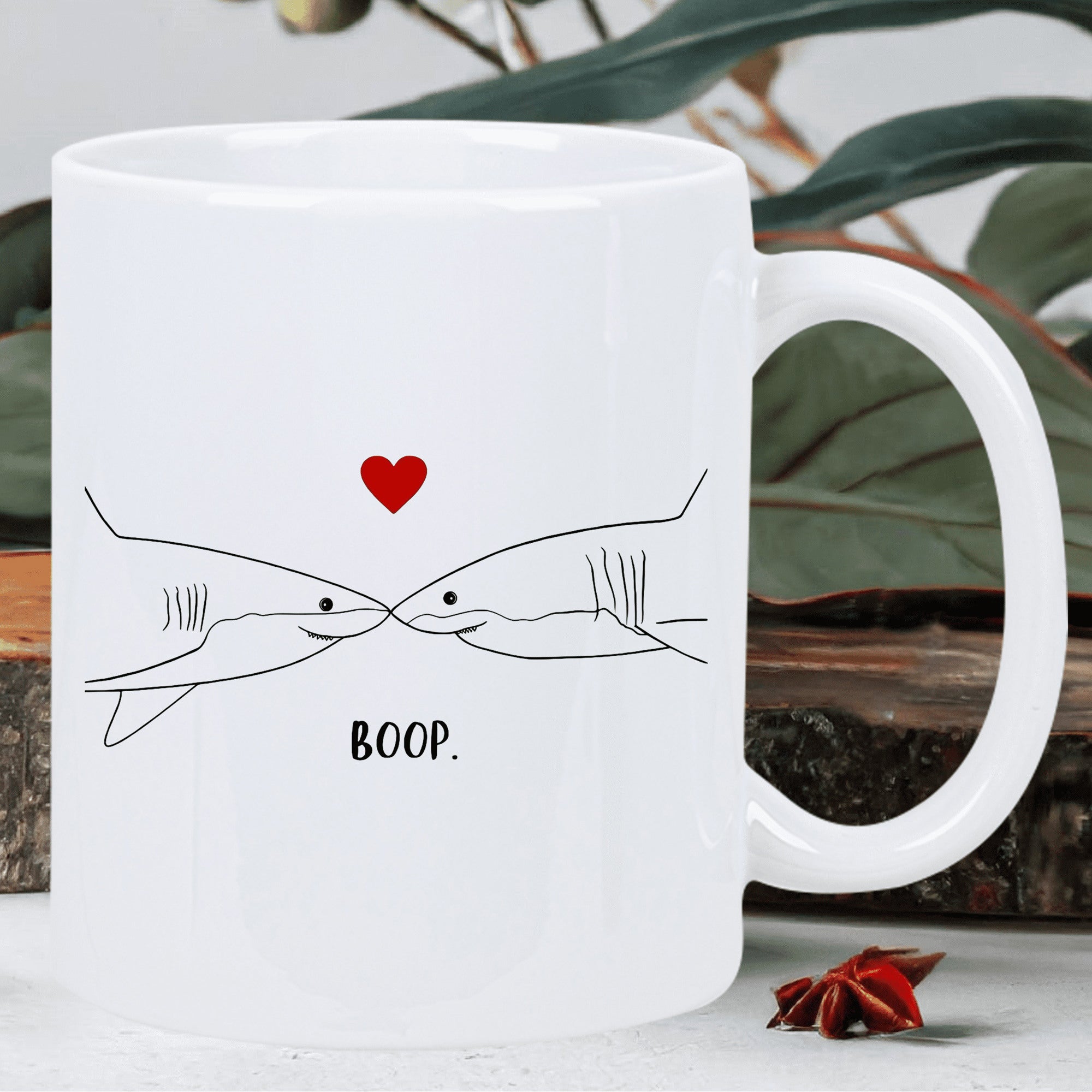 Tailorly White Ceramic 11 oz Mug - Boop Minimalist Line Drawing Of Two Kissing Sharks Under Small Red Heart Shark