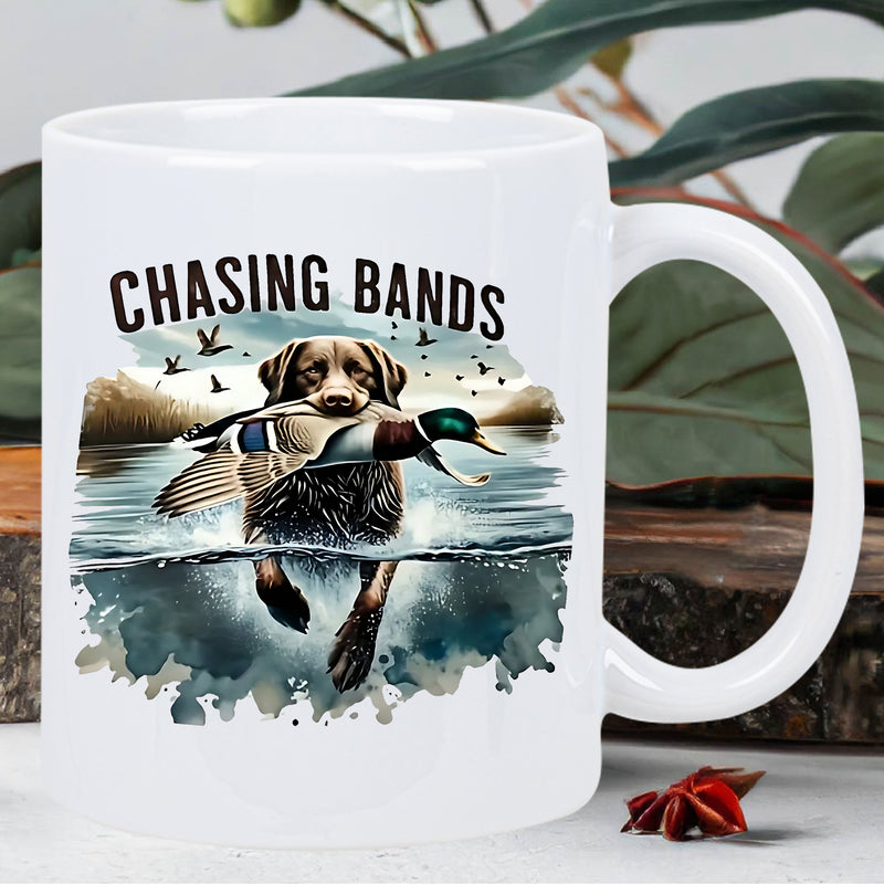 Tailorly White Ceramic 11 oz Mug - Chasing Bands Swimming Hunter Dog Carrying A Mallard Duck In Water Scene Dog