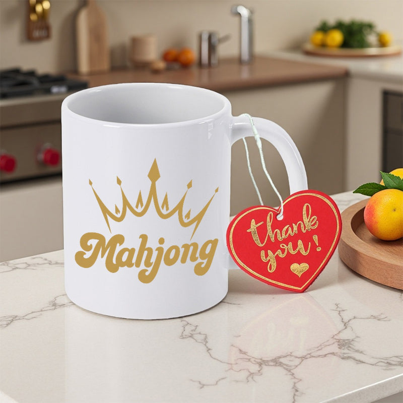 Tailorly White Ceramic 11 oz Mug - Mahjong Elegant Golden Royal Crown Resting Above Stylized Script Text Decorative Crown