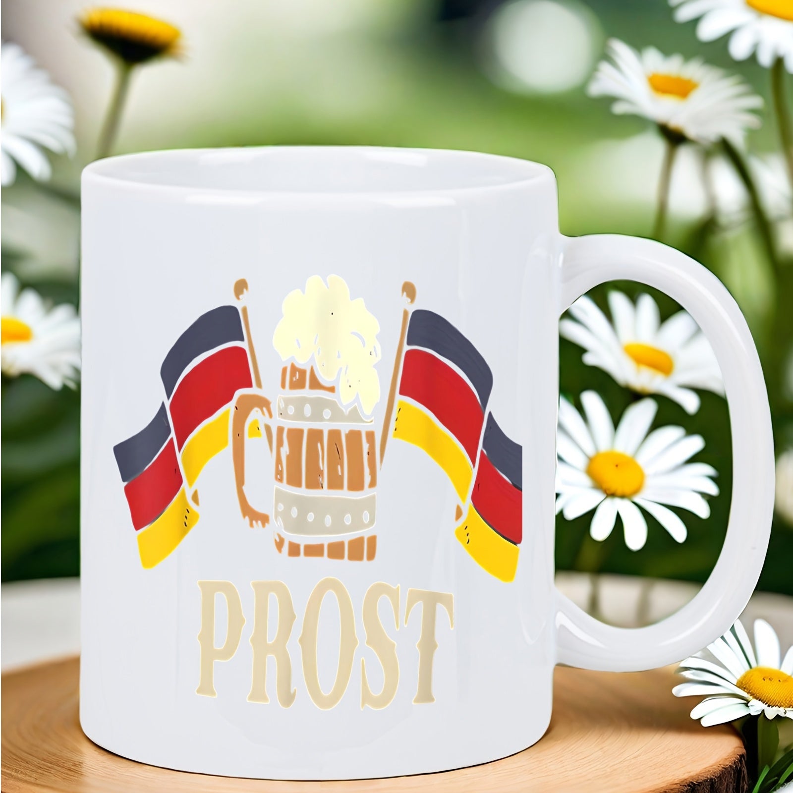 Tailorly White Ceramic 11 oz Mug - Prost Traditional German Flags Flanking A Foamy Cold Beer Wooden Stein Mug