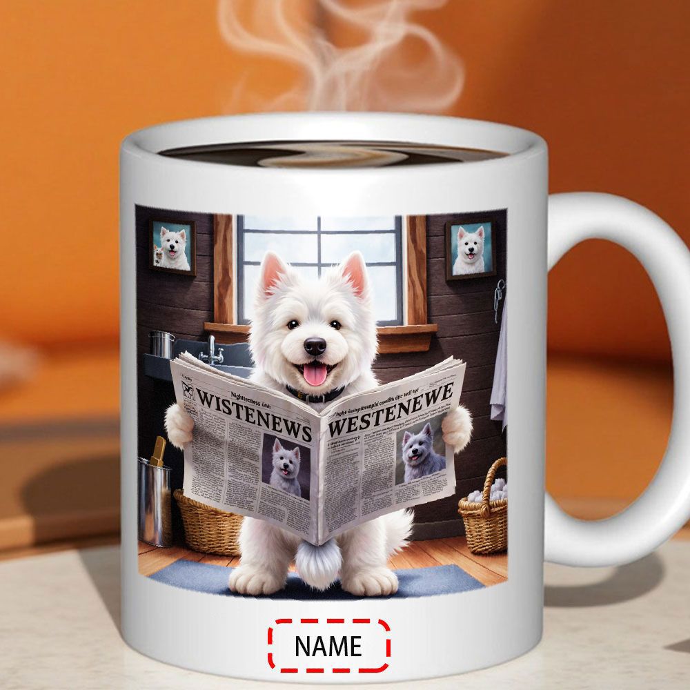 Tailorly White Ceramic 11 oz Mug - Westie News Adorable Fluffy White Dog Reading Small Newspaper Inside Cozy Room Dog