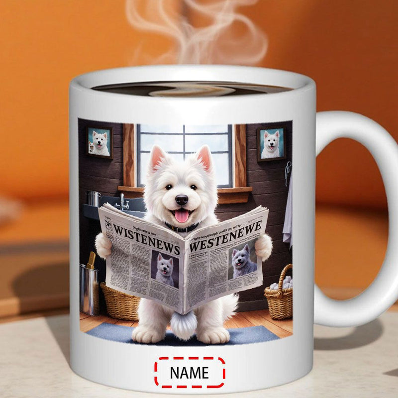 Tailorly White Ceramic 11 oz Mug - Westie News Adorable Fluffy White Dog Reading Small Newspaper Inside Cozy Room Dog