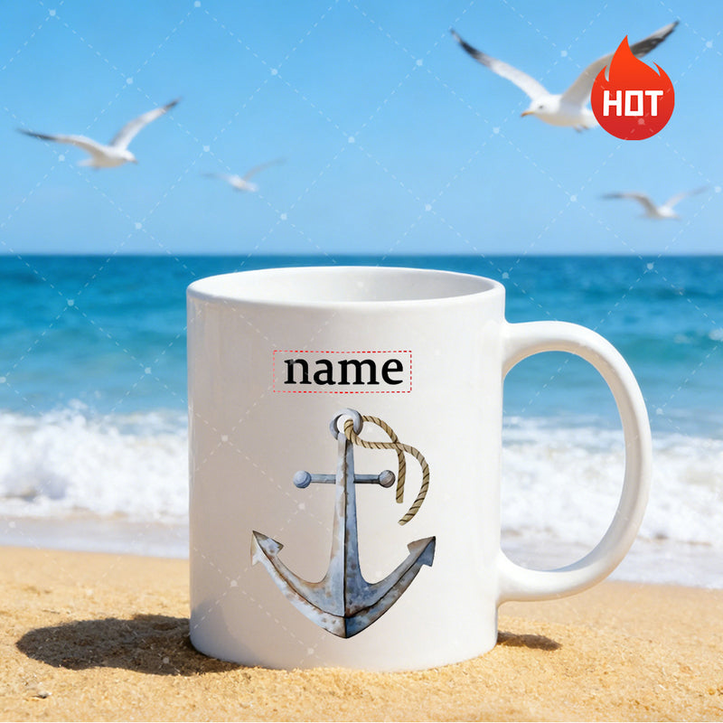 Tailorly White Ceramic 11 oz Mug - Name Metallic Anchor With Twisted Rope Resting Upon Sandy Sunny Coastal Beach Anchor