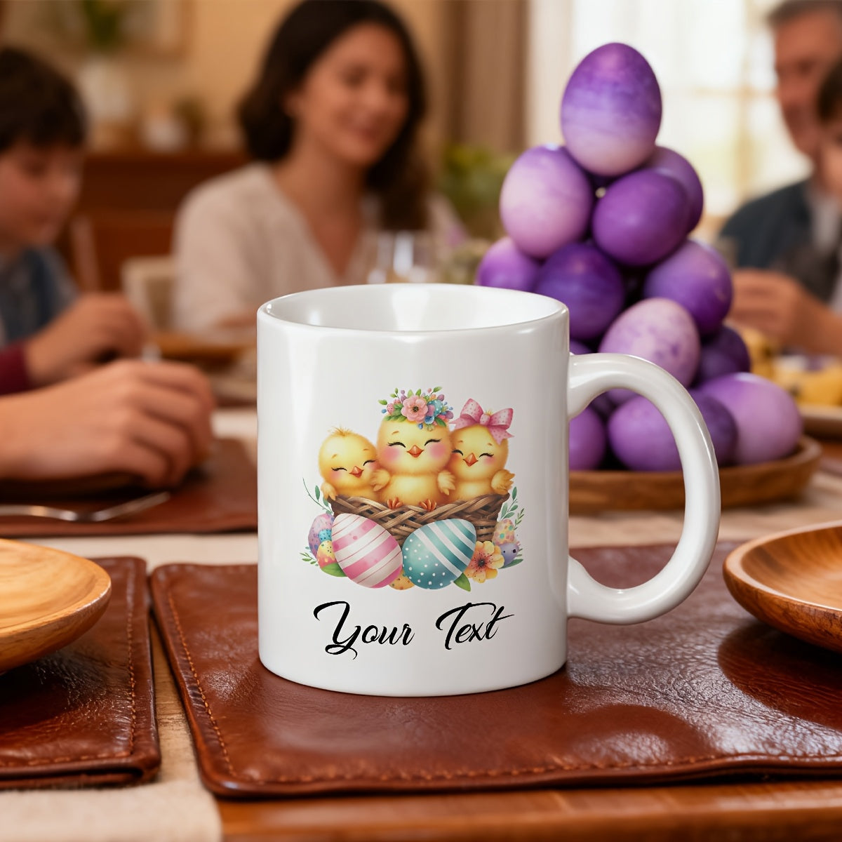 Tailorly White Ceramic 11 oz Mug - Your Text Three Adorable Fluffy Yellow Chicks Nestled Among Colorful Decorative Easter Eggs Chick