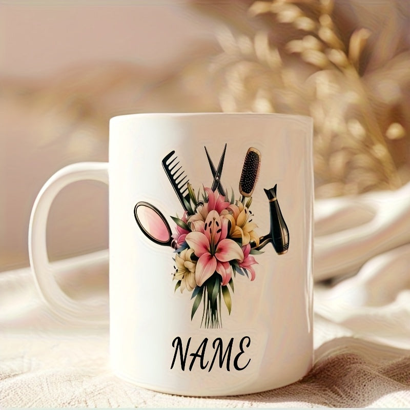 Tailorly White Ceramic 11 oz Mug - Name Elegant Blooming Lilies Arranged With Professional Salon Hairdressing Tools Scissors