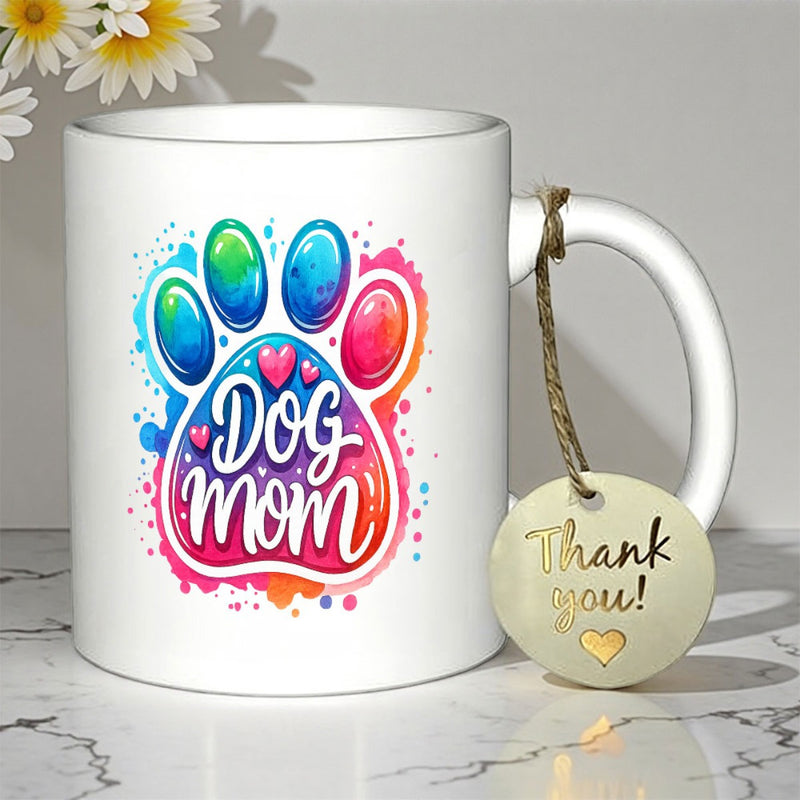 Tailorly White Ceramic 11 oz Mug - Dog Mom Artistic Watercolor Splatter Design With Small Hearts Inside Paw