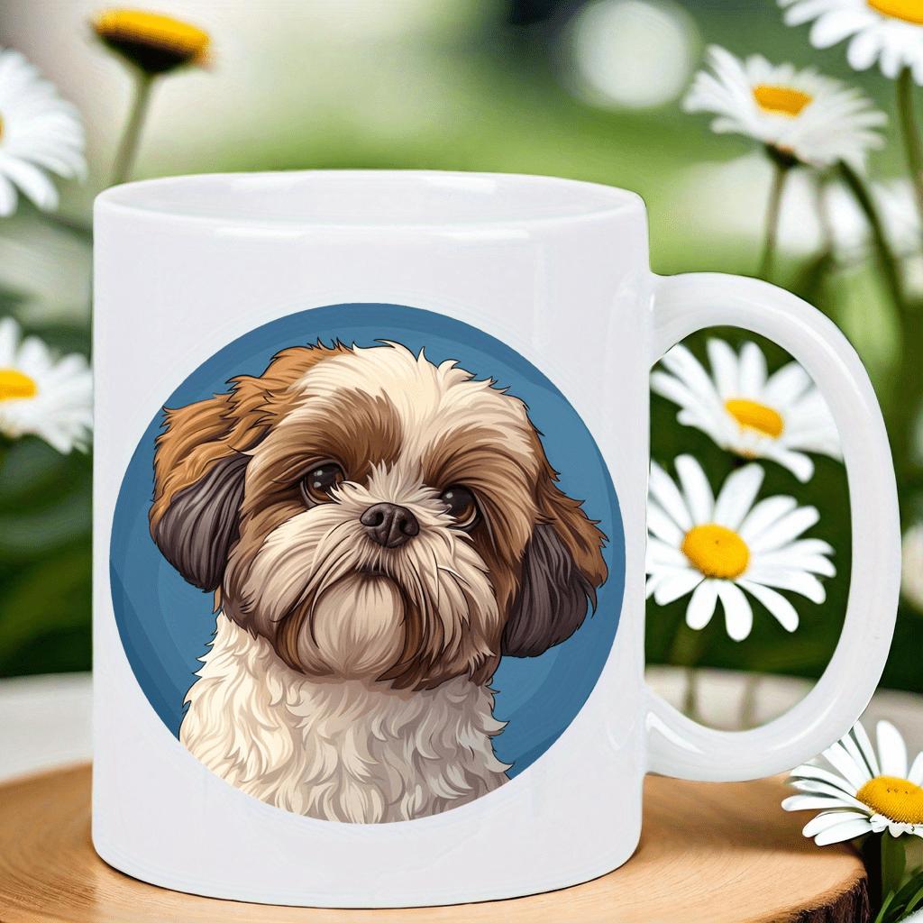 Tailorly White Ceramic 11 oz Mug - Adorable Long Haired Portrait Inside A Serene Blue Circle Backdrop Dog