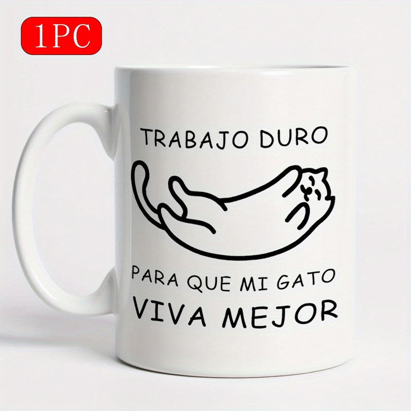 Tailorly White Ceramic 11 oz Mug - Minimalist Black Line Art Sketch Showing A Lazy Sleeping Feline Cat