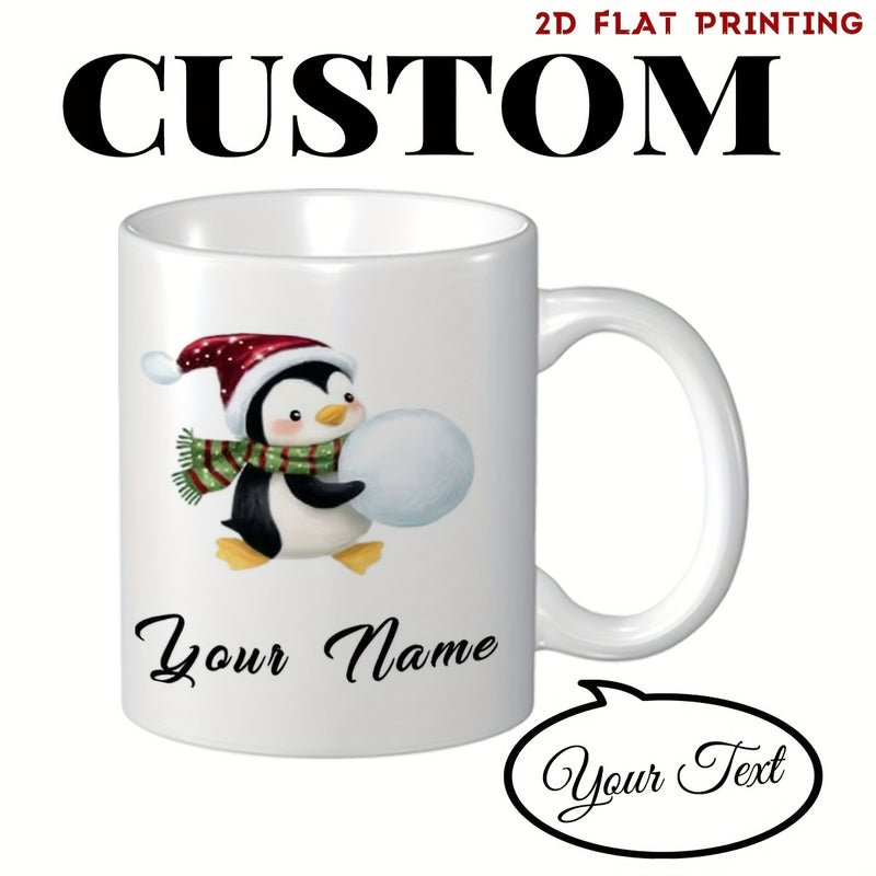 Tailorly White Ceramic 11 oz Mug - Custom Your Name Your Text Adorable Winter Penguin Wearing Red Hat And Green Scarf Holding Snowball Penguin