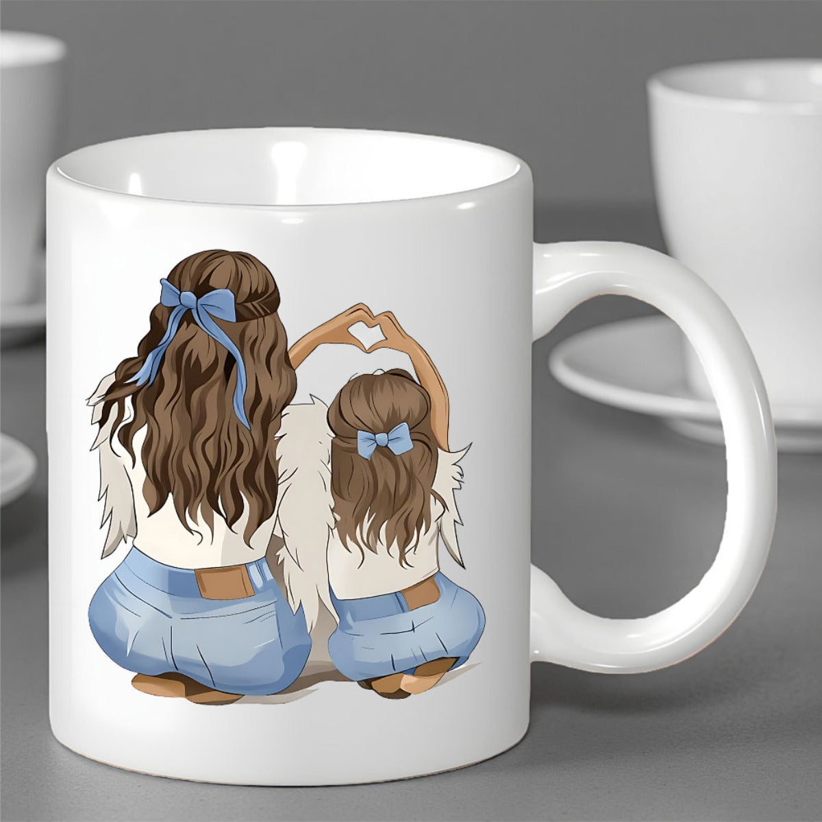 Tailorly White Ceramic 11 oz Mug - Two Figures Wearing Angel Wings And Blue Jeans Making Heart Mug