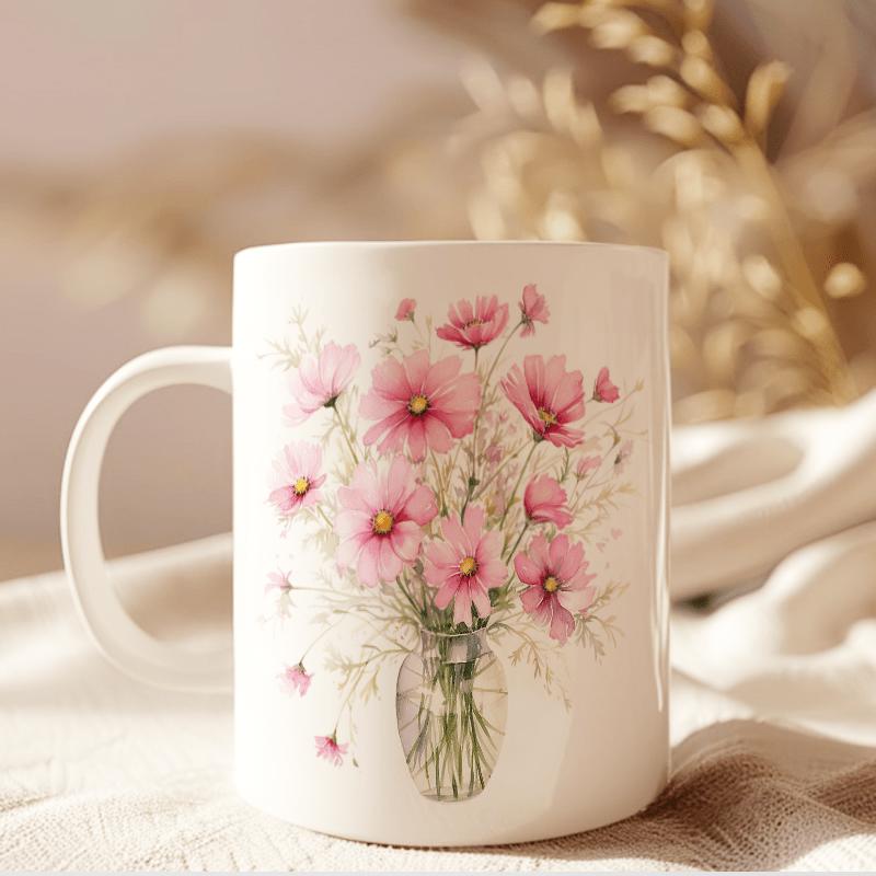 Tailorly White Ceramic 11 oz Mug - Blooming Pink Watercolor Cosmos Inside A Delicate Transparent Vase Flower