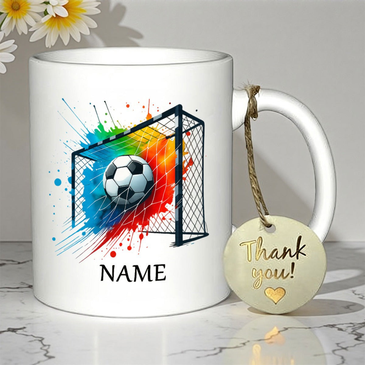 Tailorly White Ceramic 11 oz Mug - Name Dynamic Soccer Ball Hitting Net Surrounded By Vibrant Colorful Paint Splashes Soccer Ball