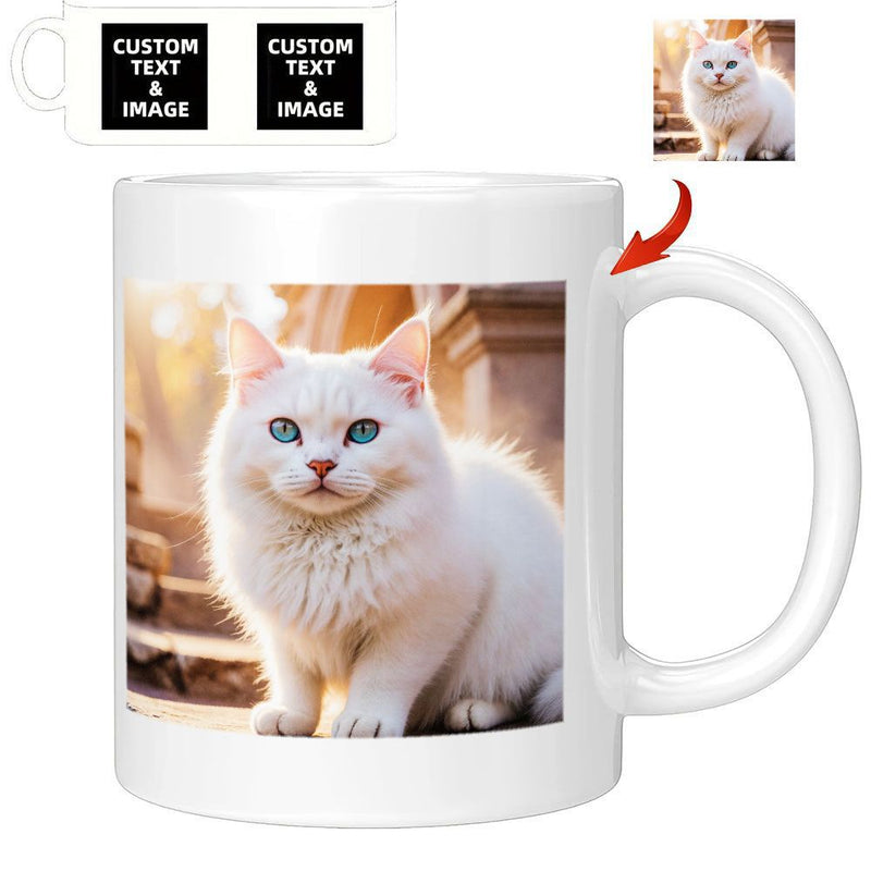 Tailorly White Ceramic 11 oz Mug - Fluffy White Feline Sitting On Stone Steps In Golden Morning Sunlight Cat