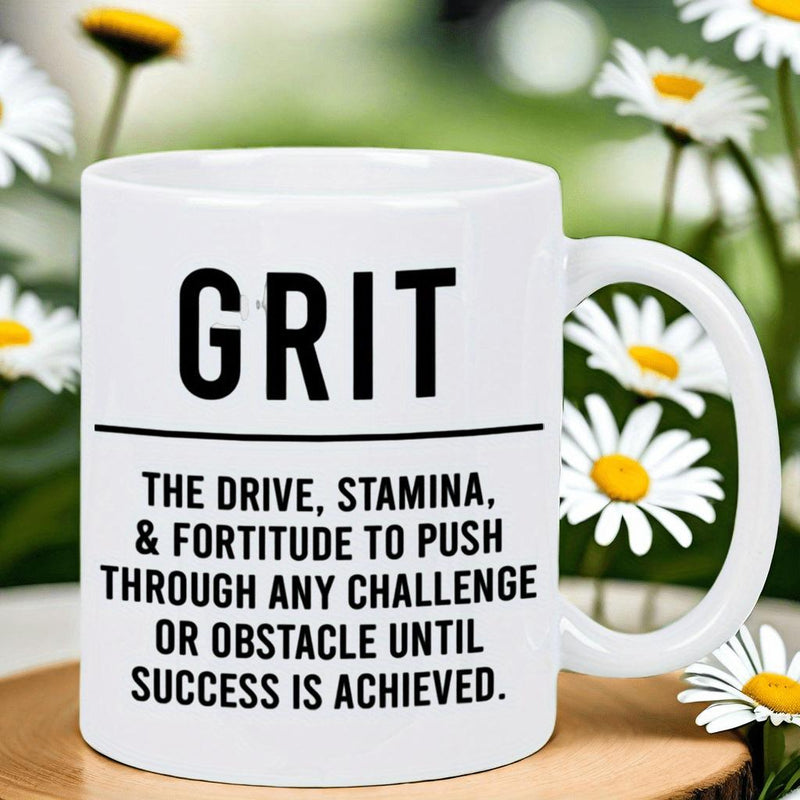 Tailorly White Ceramic 11 oz Mug - Grit The Drive Stamina Fortitude To Push Through Any Challenge Or Obstacle Until Success Is Achieved Sleek With Bold Black