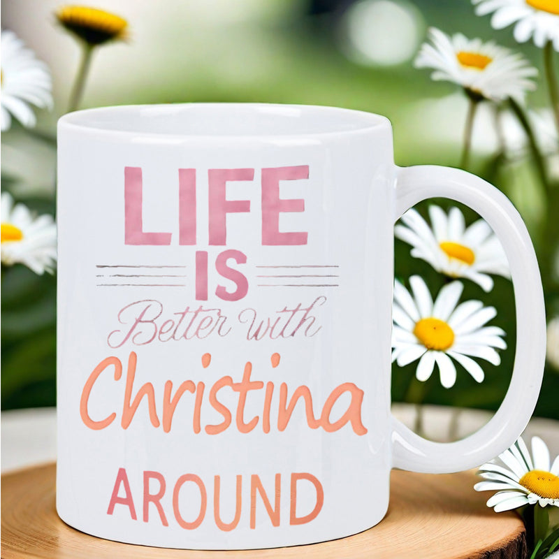 Tailorly White Ceramic 11 oz Mug - Life Is Better With Christina Around Blooming White Daisies With Golden Centers Under Soft Natural Daylight Flower