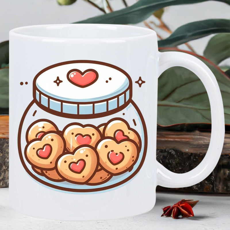 Tailorly White Ceramic 11 oz Mug - Sweet Jar Filled With Heart Shaped Cookies Under Tiny Sparkling Lights Jar