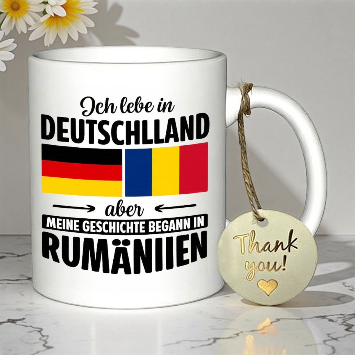 Tailorly White Ceramic 11 oz Mug - Thank You Clean White Surface Decorated With German And Romanian Flag Icons Mug
